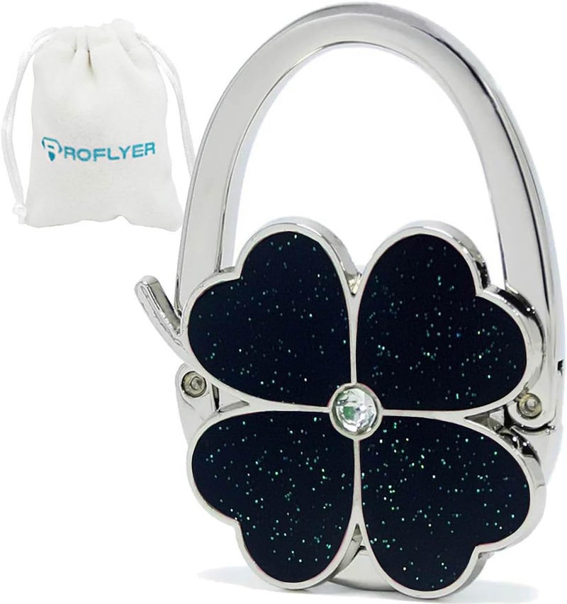 ROFLYER Four Leaf Clover Design Foldable Handbag Hanger Folding Purse Table Hook Holder (Black) - Image 1